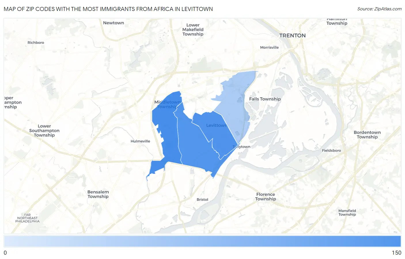 Zip Codes with the Most Immigrants from Africa in Levittown Map