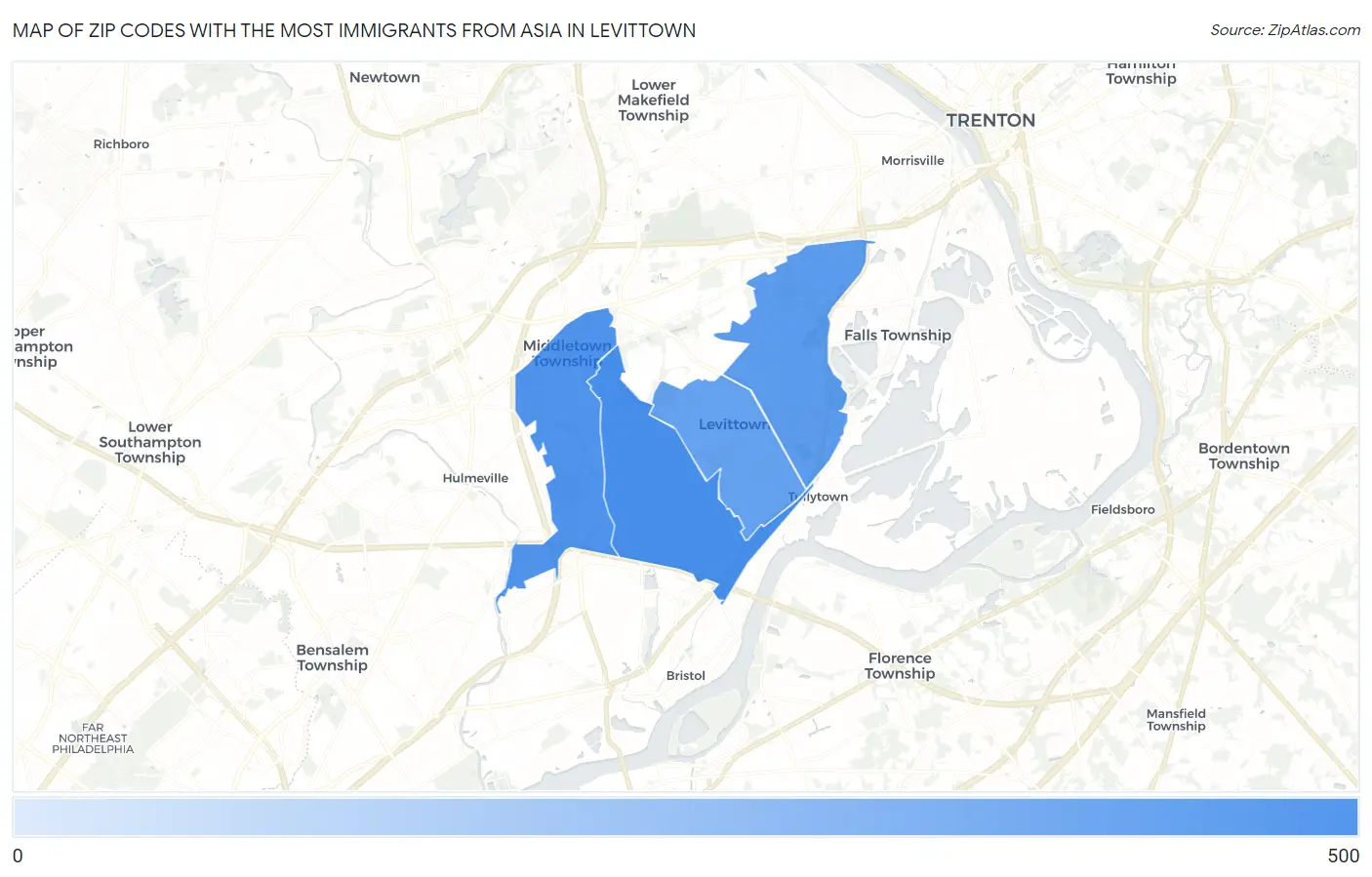 Zip Codes with the Most Immigrants from Asia in Levittown Map