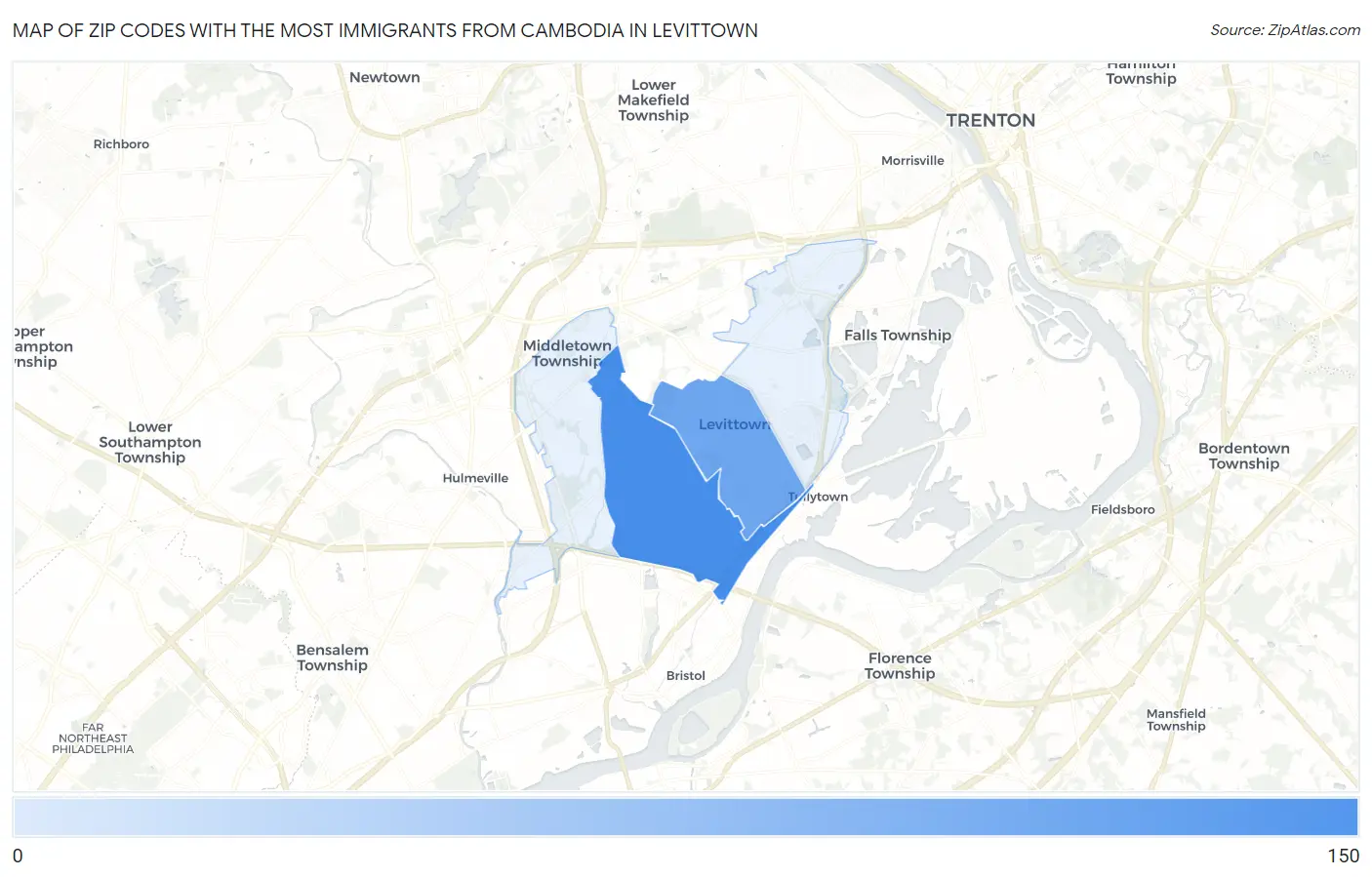 Zip Codes with the Most Immigrants from Cambodia in Levittown Map