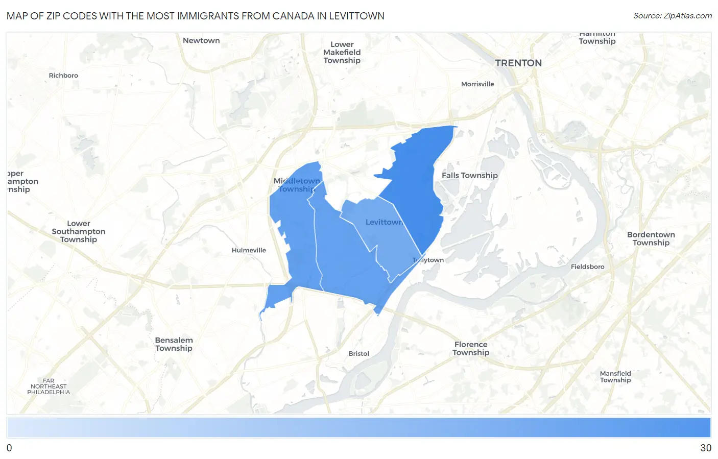 Zip Codes with the Most Immigrants from Canada in Levittown Map