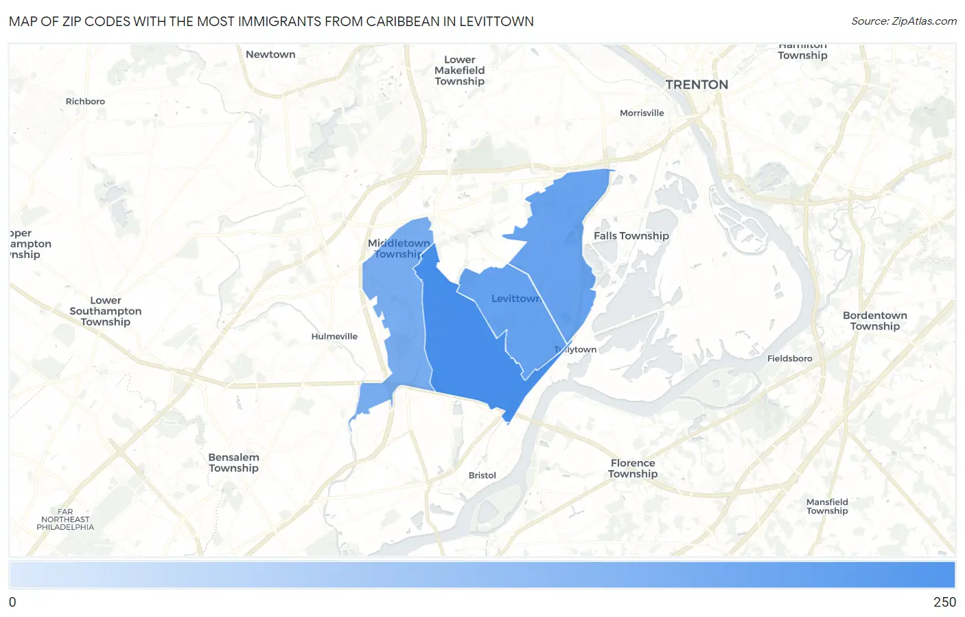 Zip Codes with the Most Immigrants from Caribbean in Levittown Map