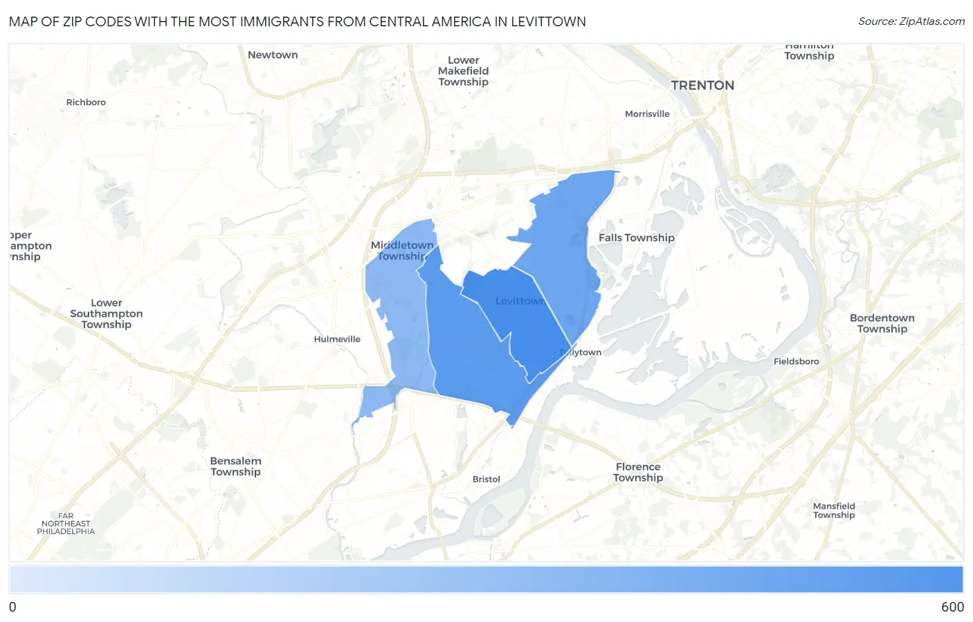 Zip Codes with the Most Immigrants from Central America in Levittown Map