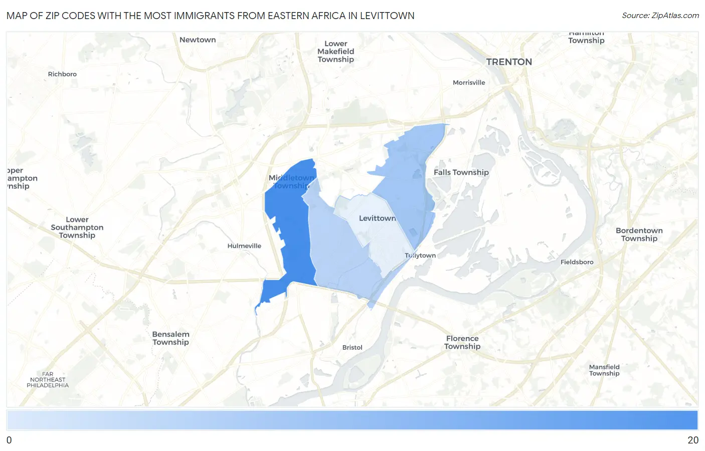 Zip Codes with the Most Immigrants from Eastern Africa in Levittown Map