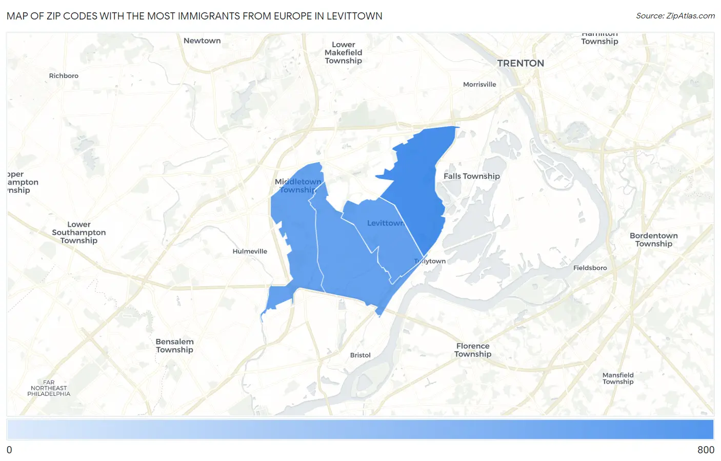 Zip Codes with the Most Immigrants from Europe in Levittown Map