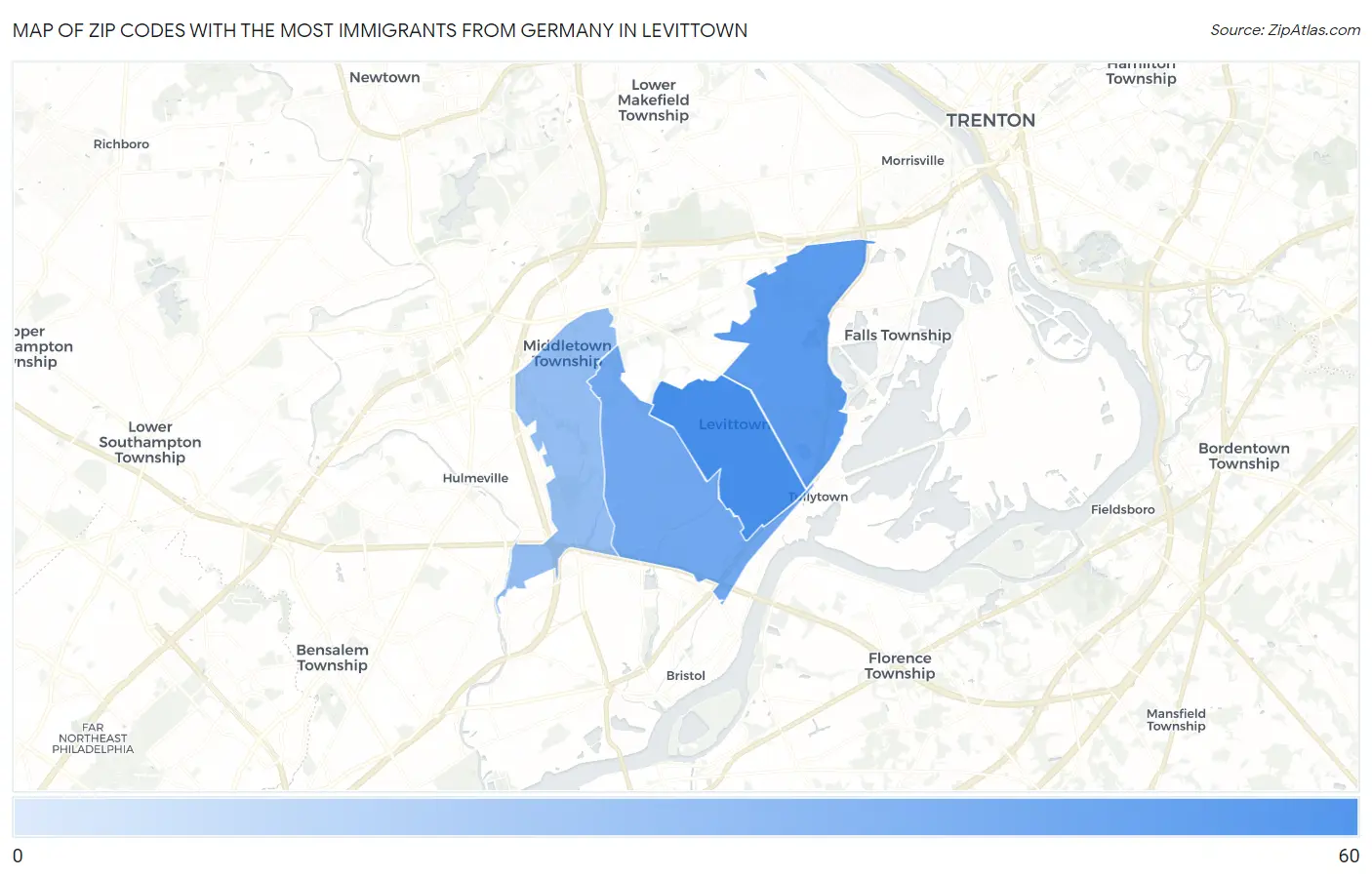Zip Codes with the Most Immigrants from Germany in Levittown Map