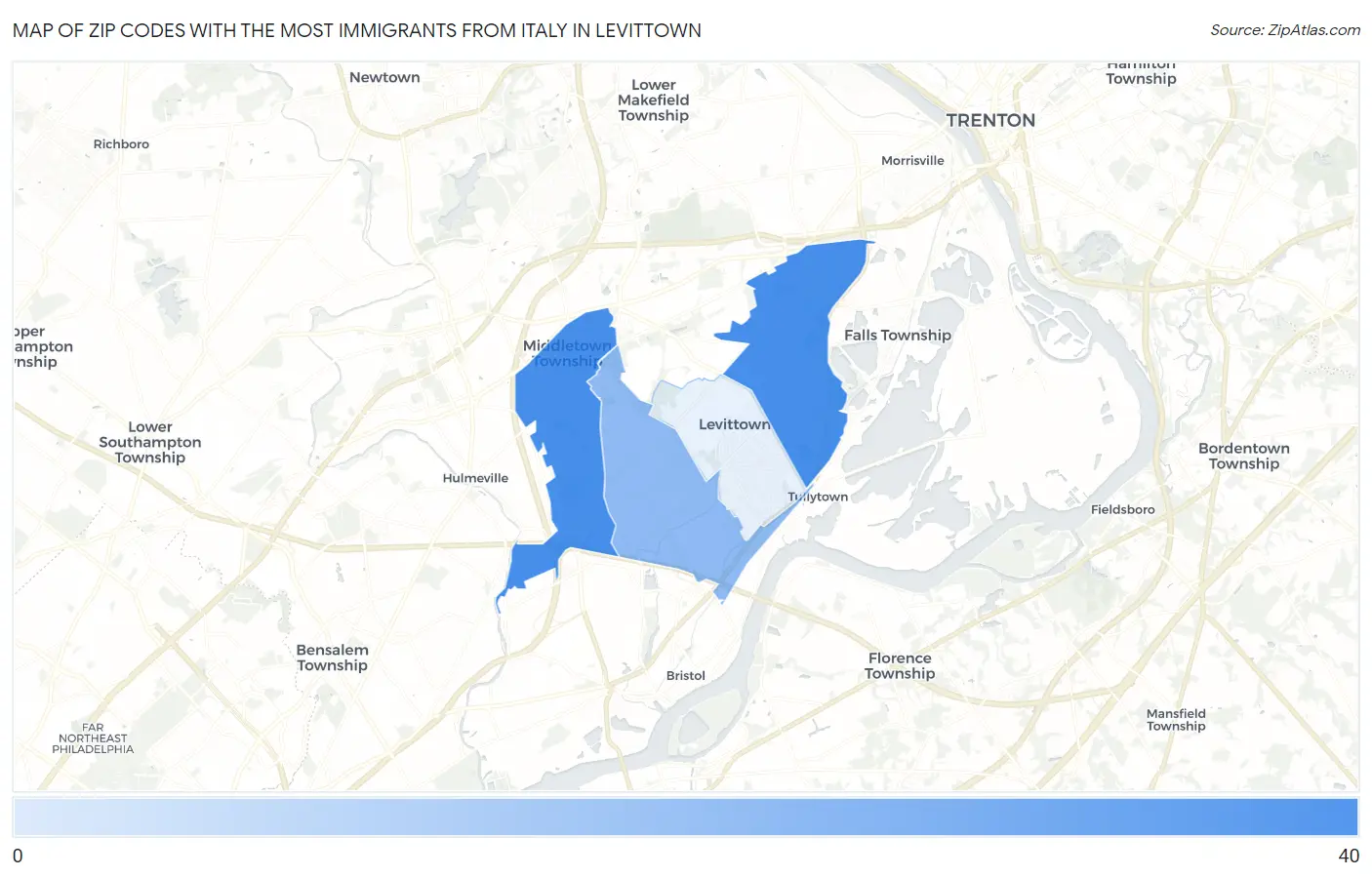 Zip Codes with the Most Immigrants from Italy in Levittown Map