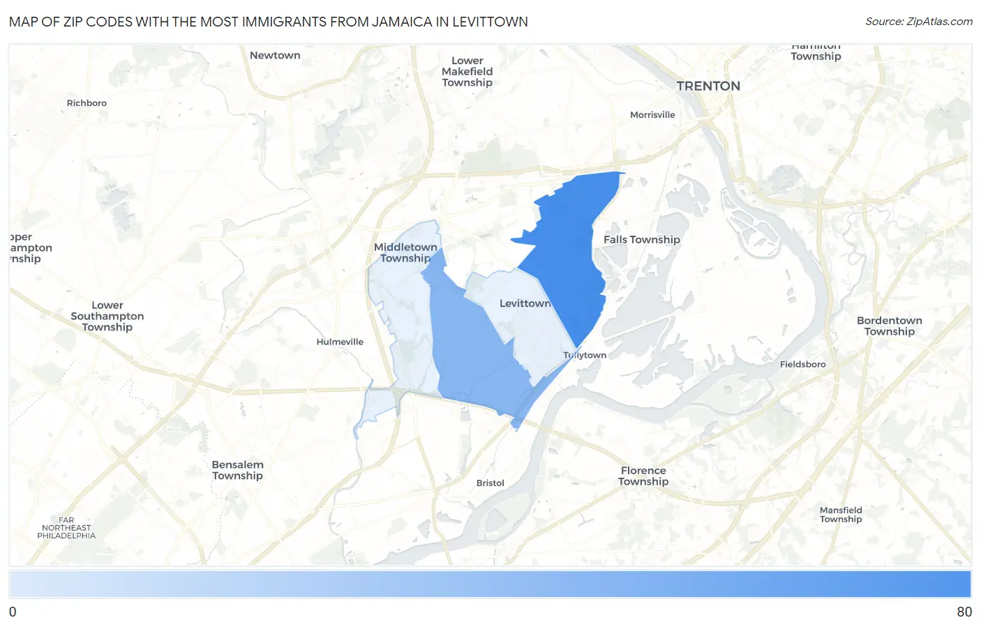 Zip Codes with the Most Immigrants from Jamaica in Levittown Map