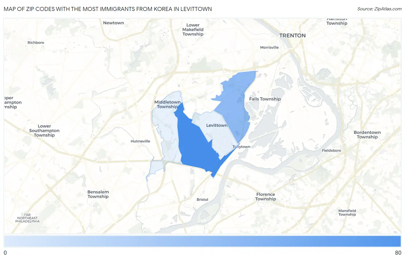 Zip Codes with the Most Immigrants from Korea in Levittown Map