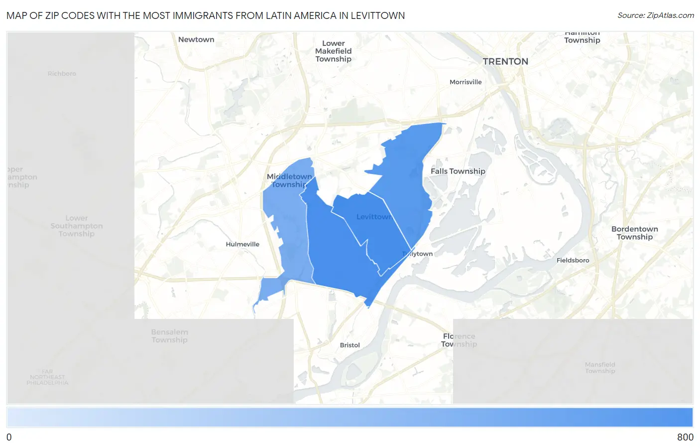 Zip Codes with the Most Immigrants from Latin America in Levittown Map