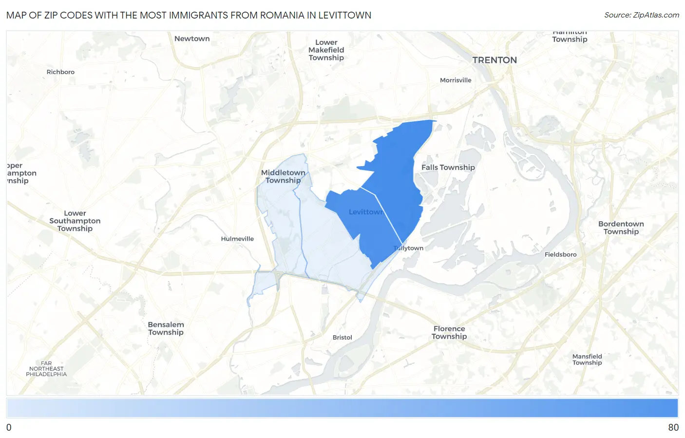 Zip Codes with the Most Immigrants from Romania in Levittown Map