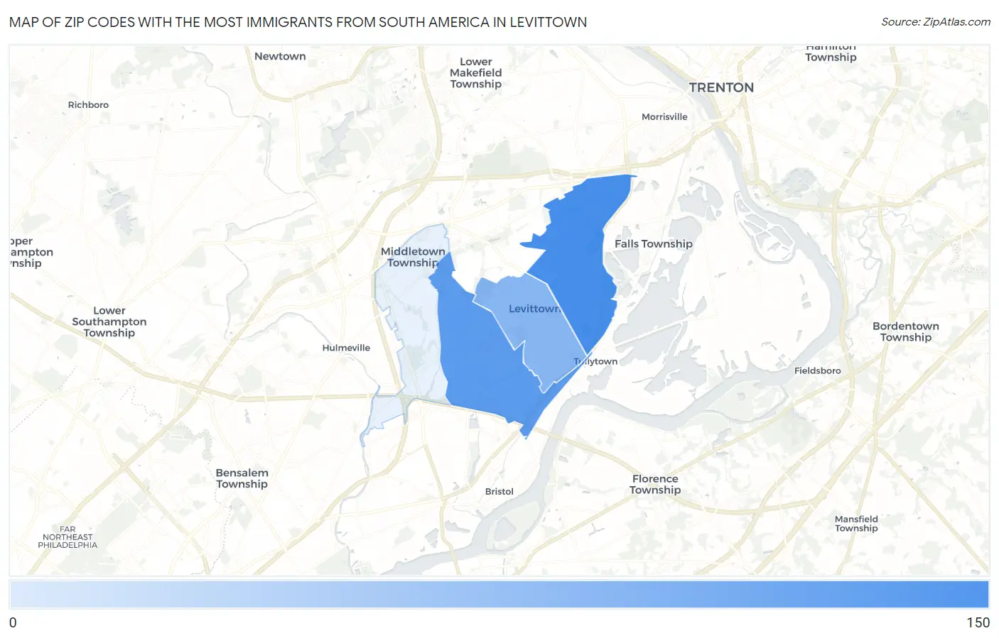 Zip Codes with the Most Immigrants from South America in Levittown Map