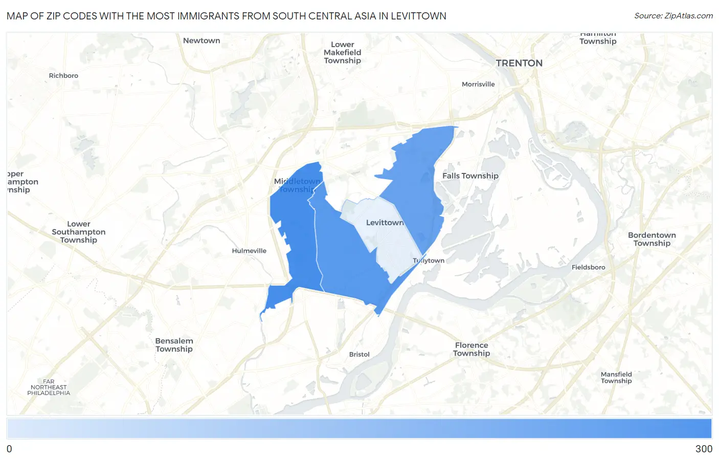 Zip Codes with the Most Immigrants from South Central Asia in Levittown Map