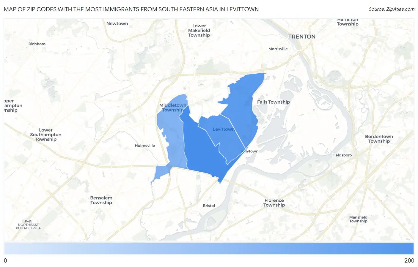 Zip Codes with the Most Immigrants from South Eastern Asia in Levittown Map