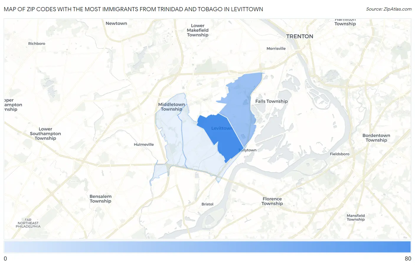 Zip Codes with the Most Immigrants from Trinidad and Tobago in Levittown Map