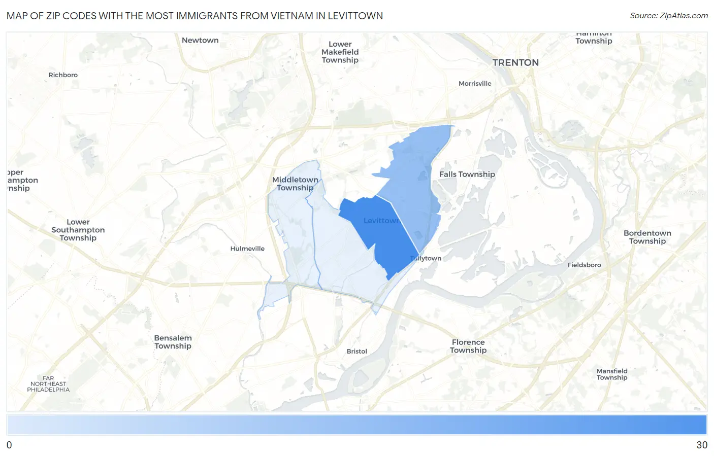 Zip Codes with the Most Immigrants from Vietnam in Levittown Map