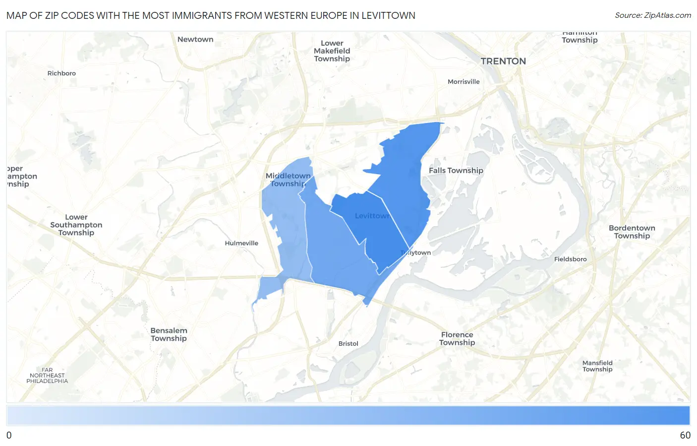 Zip Codes with the Most Immigrants from Western Europe in Levittown Map