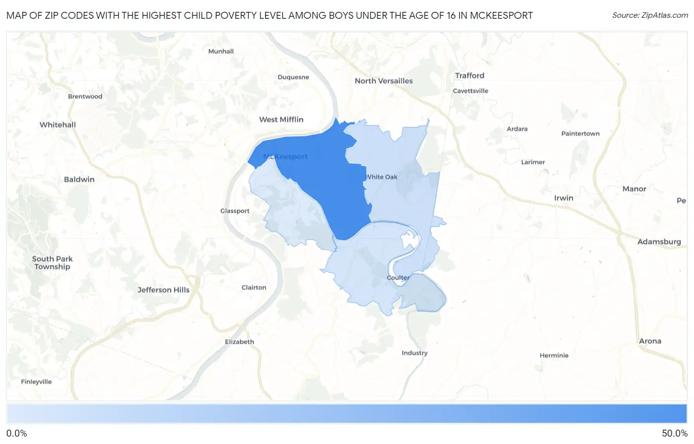 Zip Codes with the Highest Child Poverty Level Among Boys Under the Age of 16 in Mckeesport Map