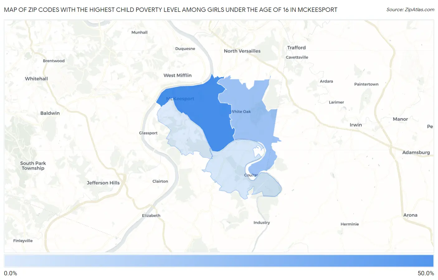 Zip Codes with the Highest Child Poverty Level Among Girls Under the Age of 16 in Mckeesport Map