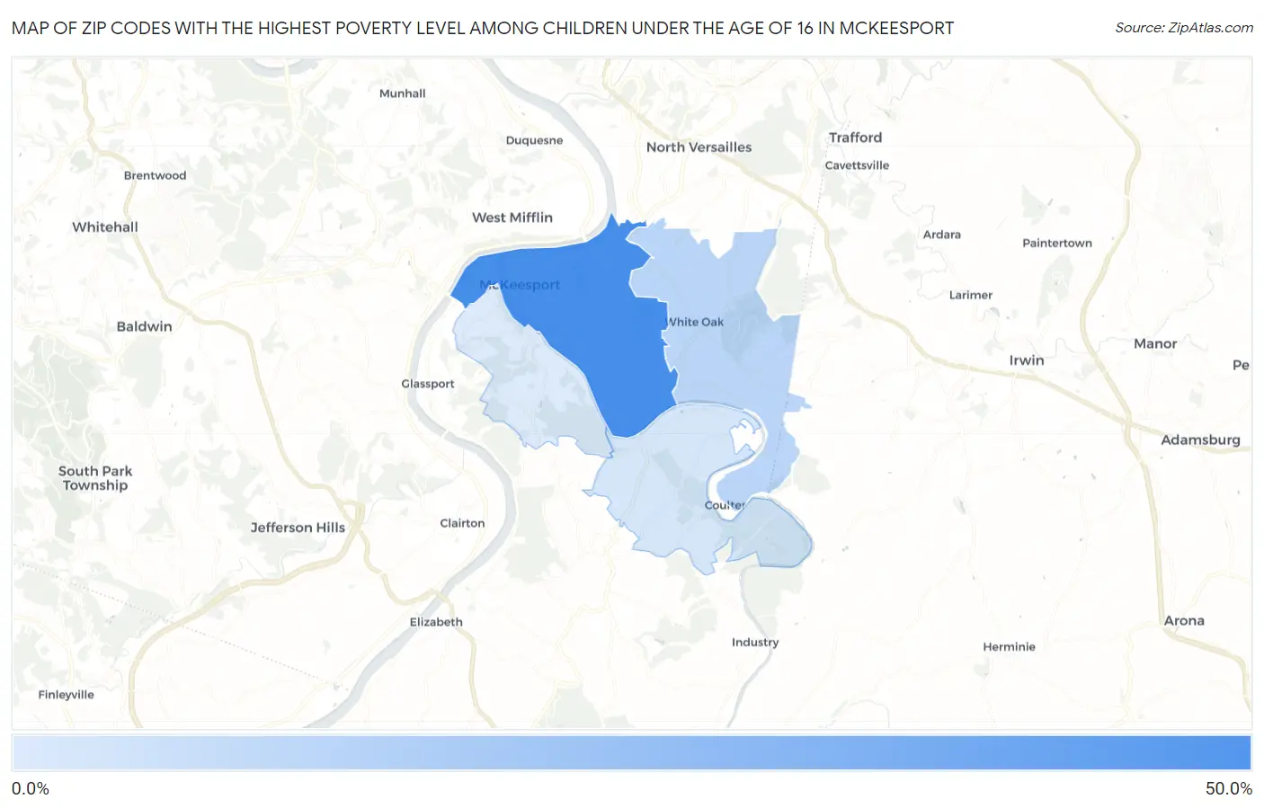 Zip Codes with the Highest Poverty Level Among Children Under the Age of 16 in Mckeesport Map