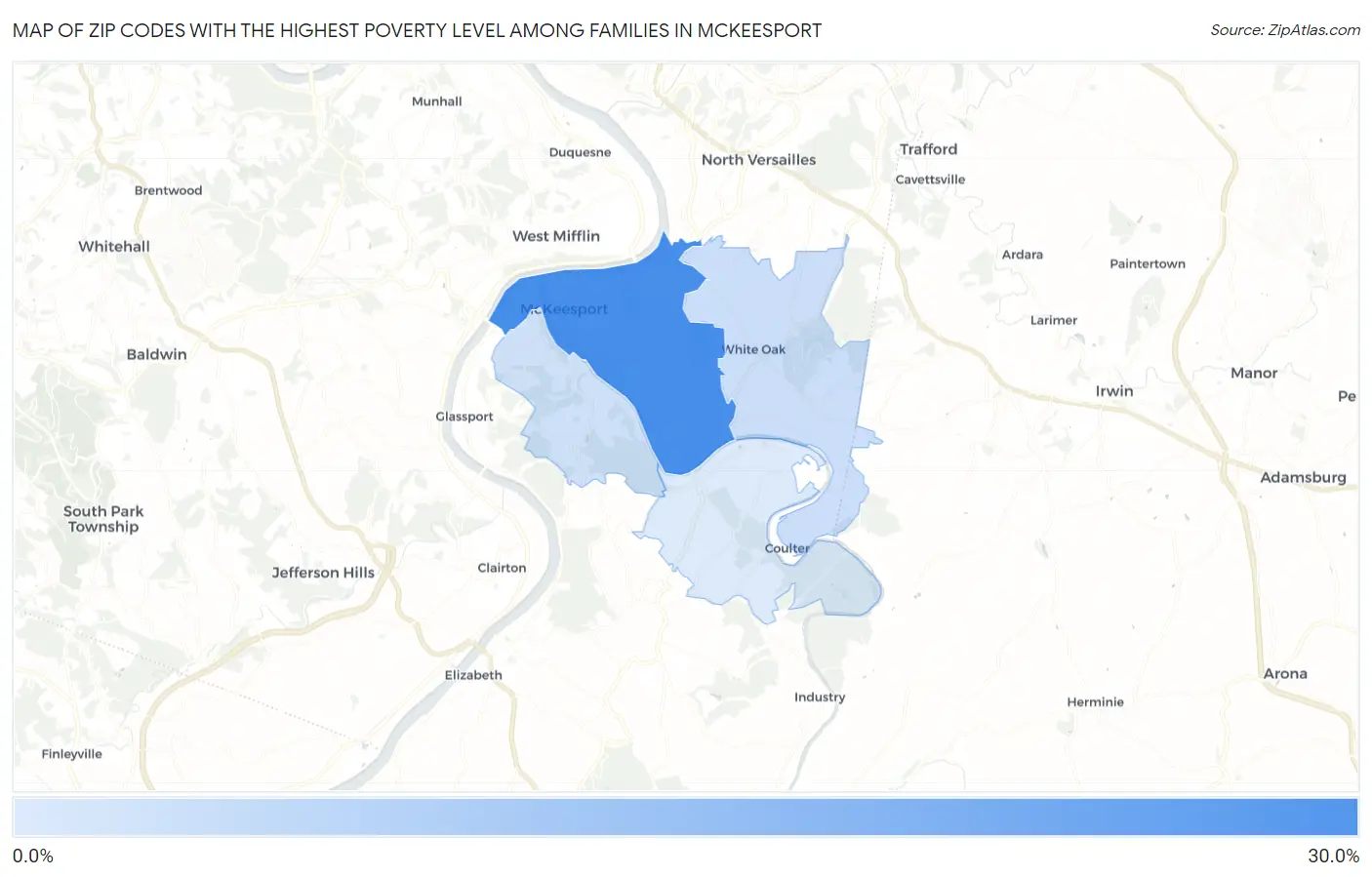 Zip Codes with the Highest Poverty Level Among Families in Mckeesport Map