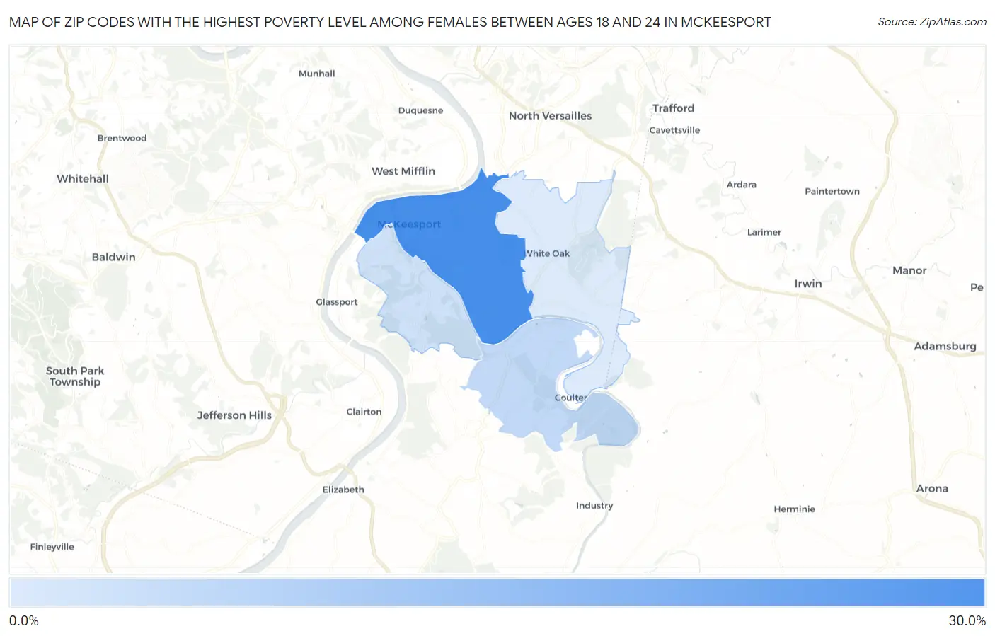 Zip Codes with the Highest Poverty Level Among Females Between Ages 18 and 24 in Mckeesport Map