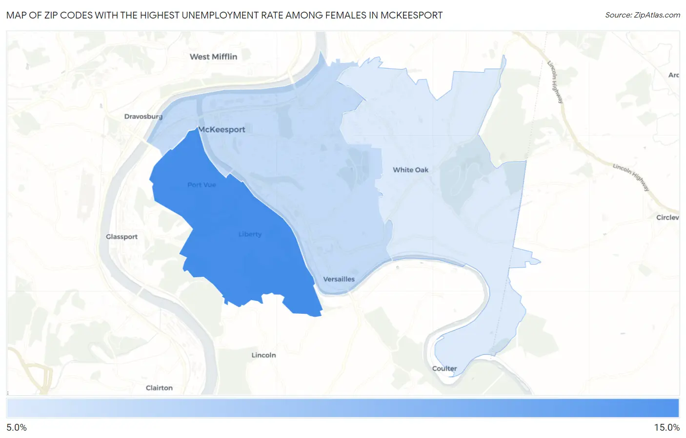 Zip Codes with the Highest Unemployment Rate Among Females in Mckeesport Map