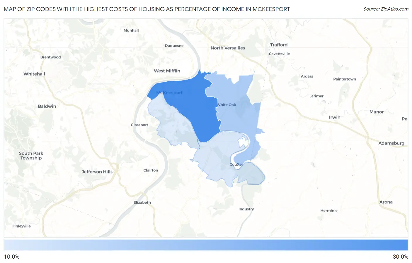 Zip Codes with the Highest Costs of Housing as Percentage of Income in Mckeesport Map