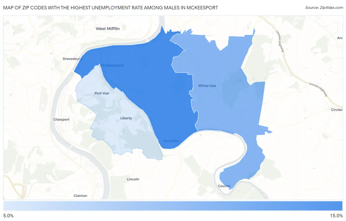 Zip Codes with the Highest Unemployment Rate Among Males in Mckeesport Map