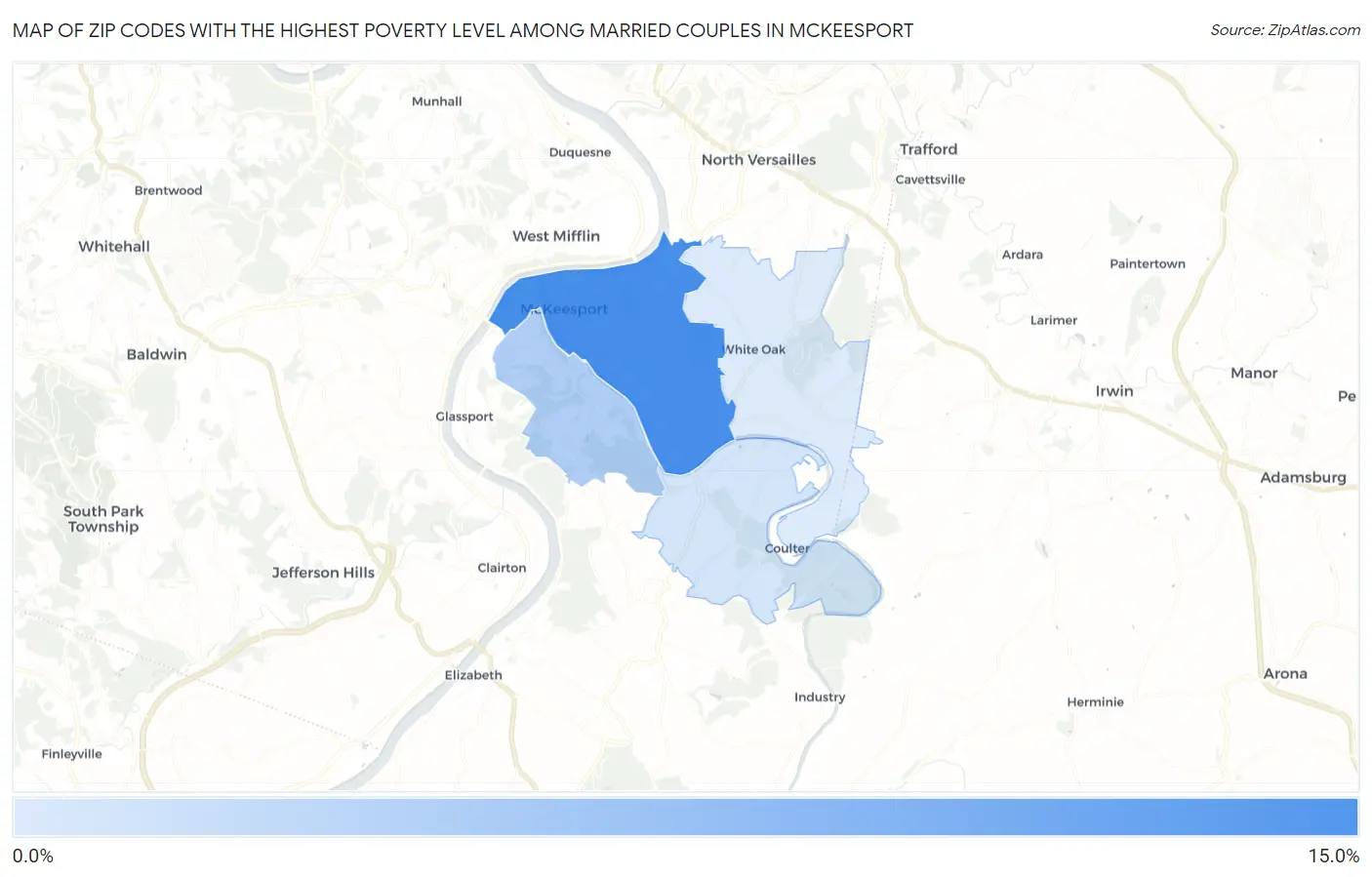 Zip Codes with the Highest Poverty Level Among Married Couples in Mckeesport Map