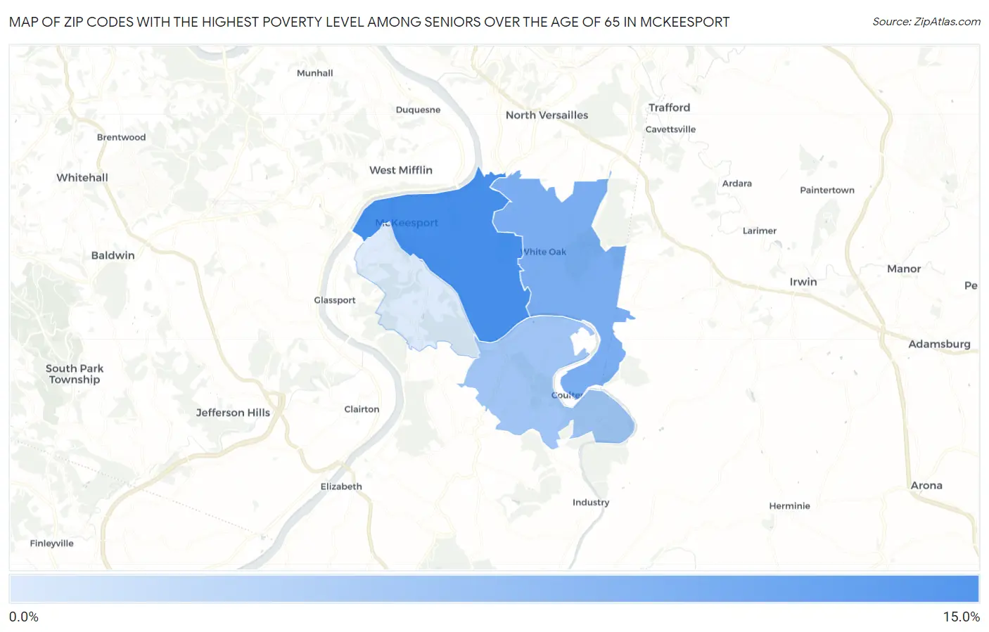 Zip Codes with the Highest Poverty Level Among Seniors Over the Age of 65 in Mckeesport Map