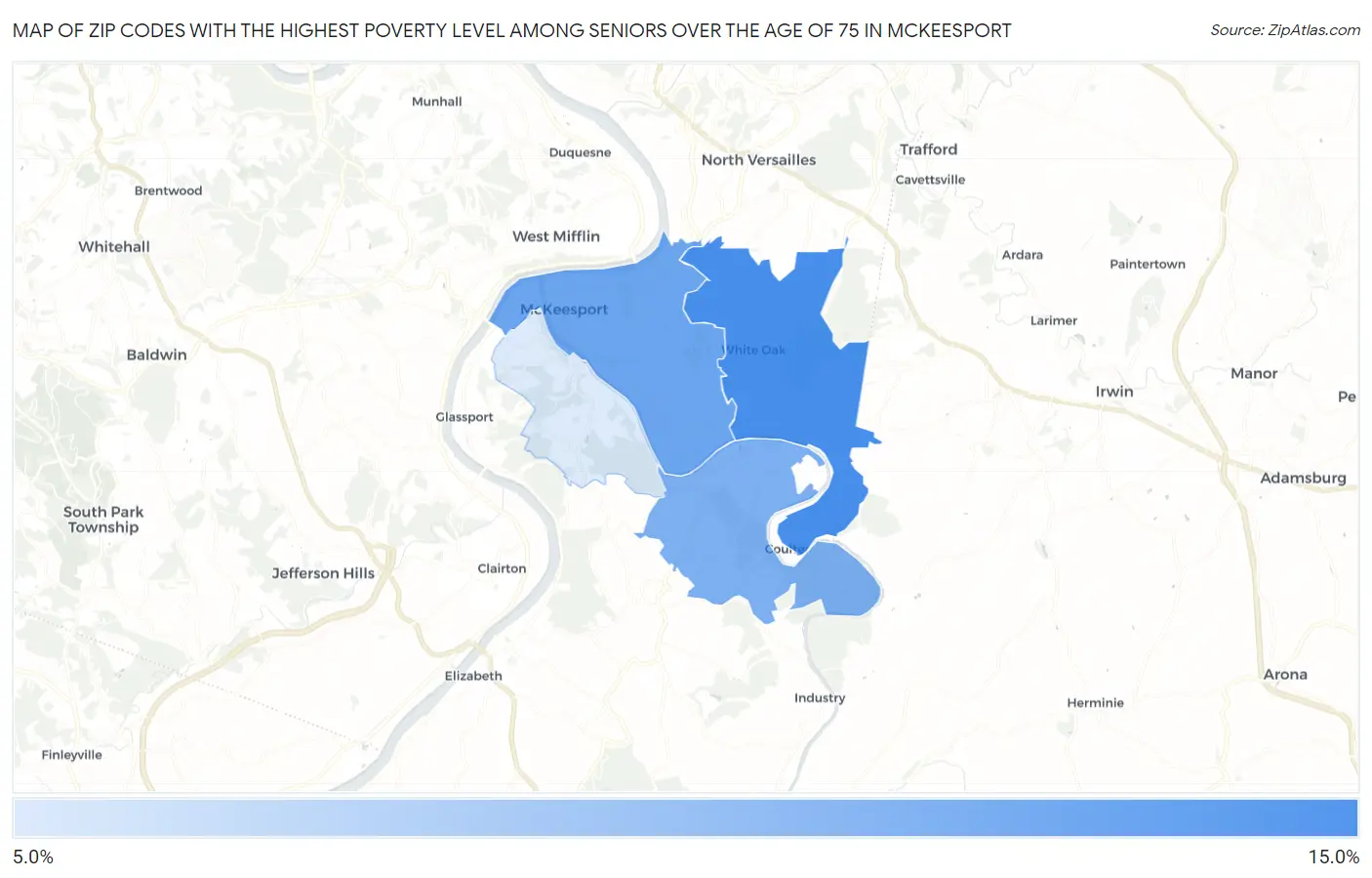 Zip Codes with the Highest Poverty Level Among Seniors Over the Age of 75 in Mckeesport Map