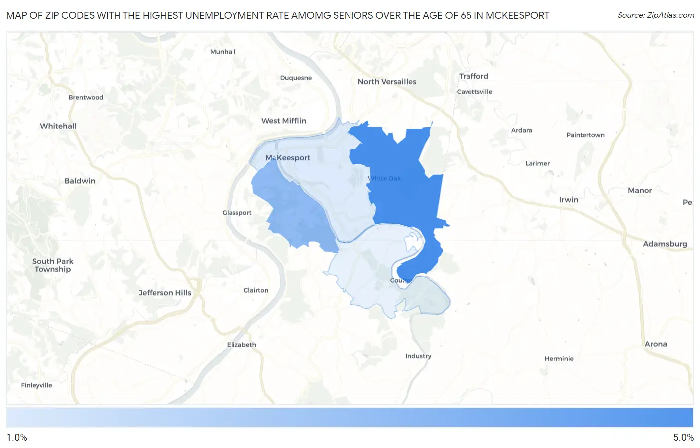 Zip Codes with the Highest Unemployment Rate Amomg Seniors Over the Age of 65 in Mckeesport Map