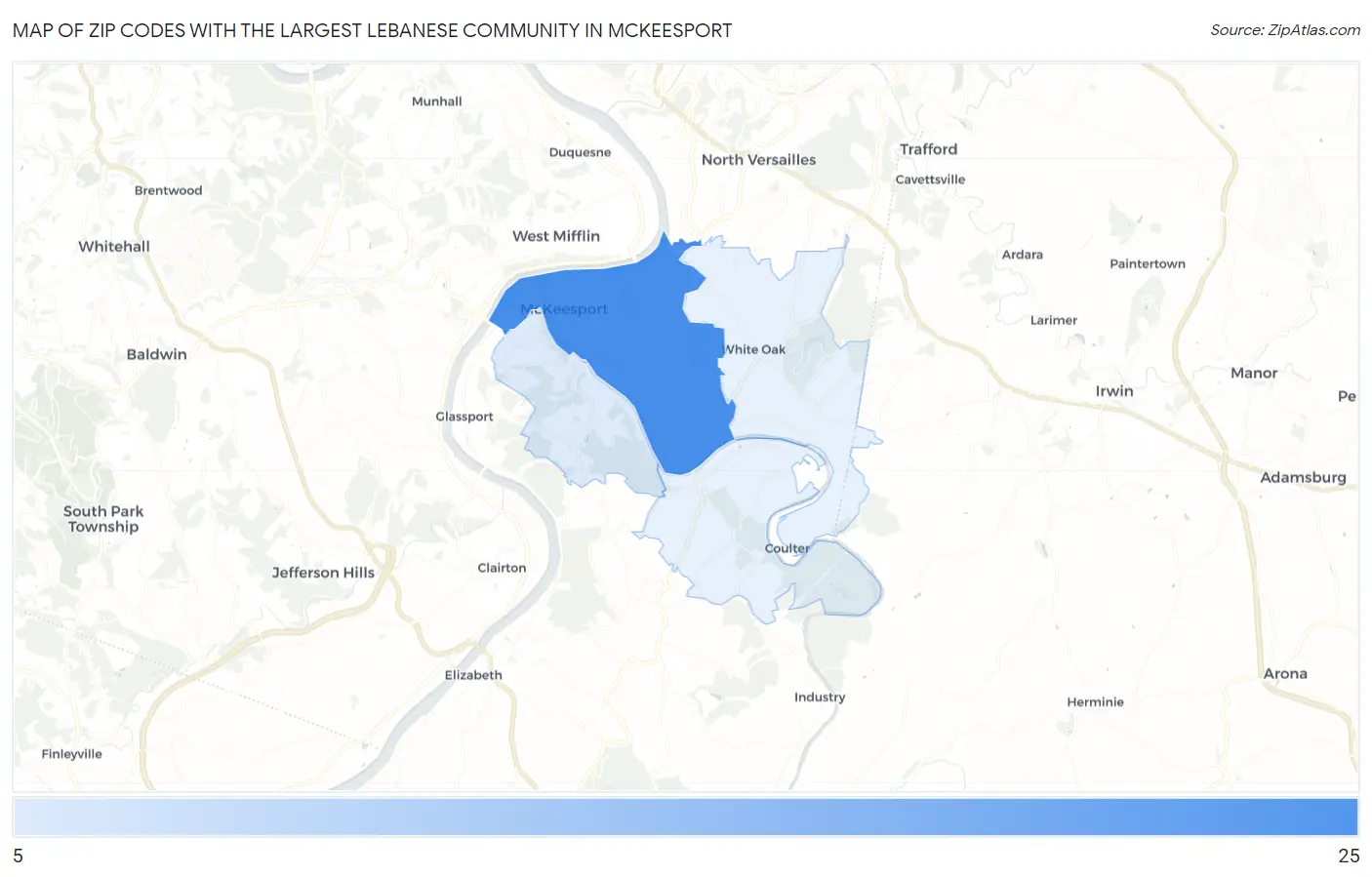 Zip Codes with the Largest Lebanese Community in Mckeesport Map