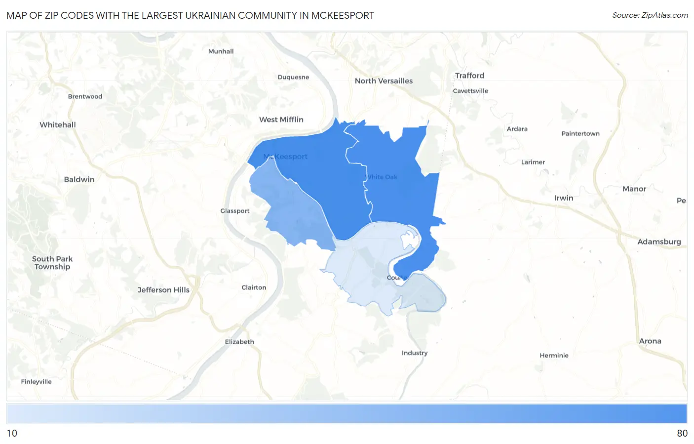 Zip Codes with the Largest Ukrainian Community in Mckeesport Map