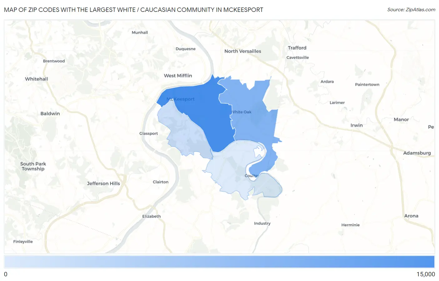 Zip Codes with the Largest White / Caucasian Community in Mckeesport Map