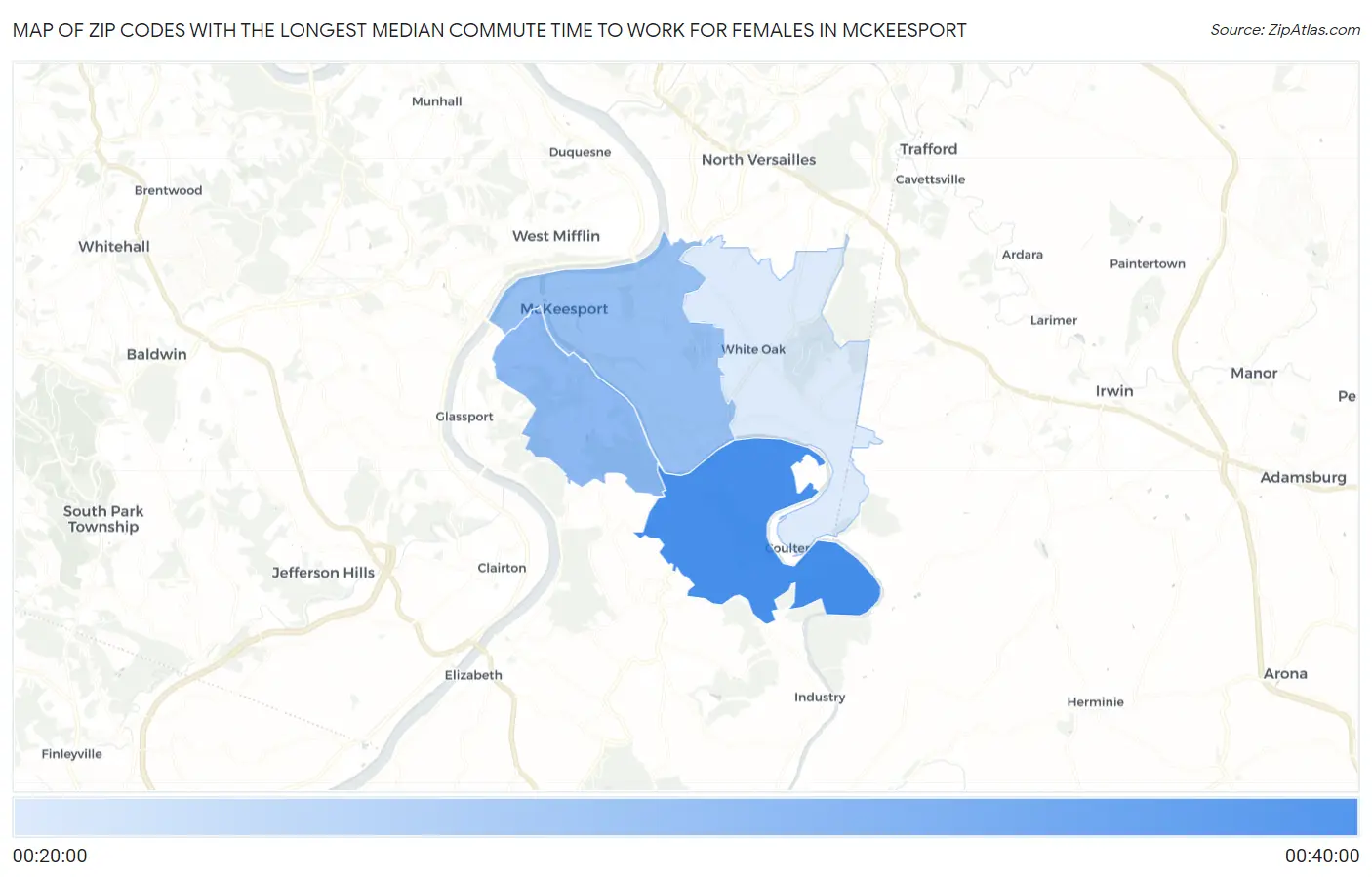 Zip Codes with the Longest Median Commute Time to Work for Females in Mckeesport Map