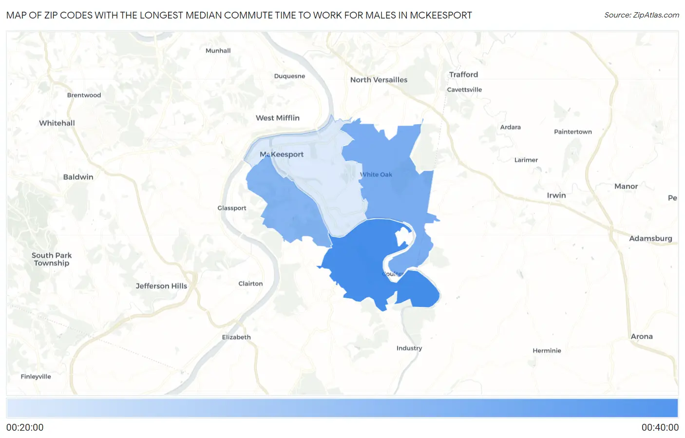 Zip Codes with the Longest Median Commute Time to Work for Males in Mckeesport Map