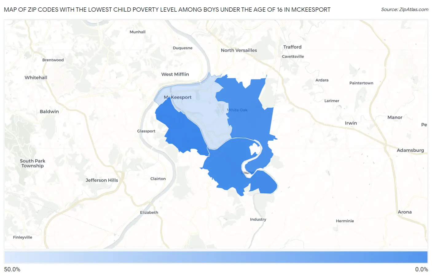 Zip Codes with the Lowest Child Poverty Level Among Boys Under the Age of 16 in Mckeesport Map