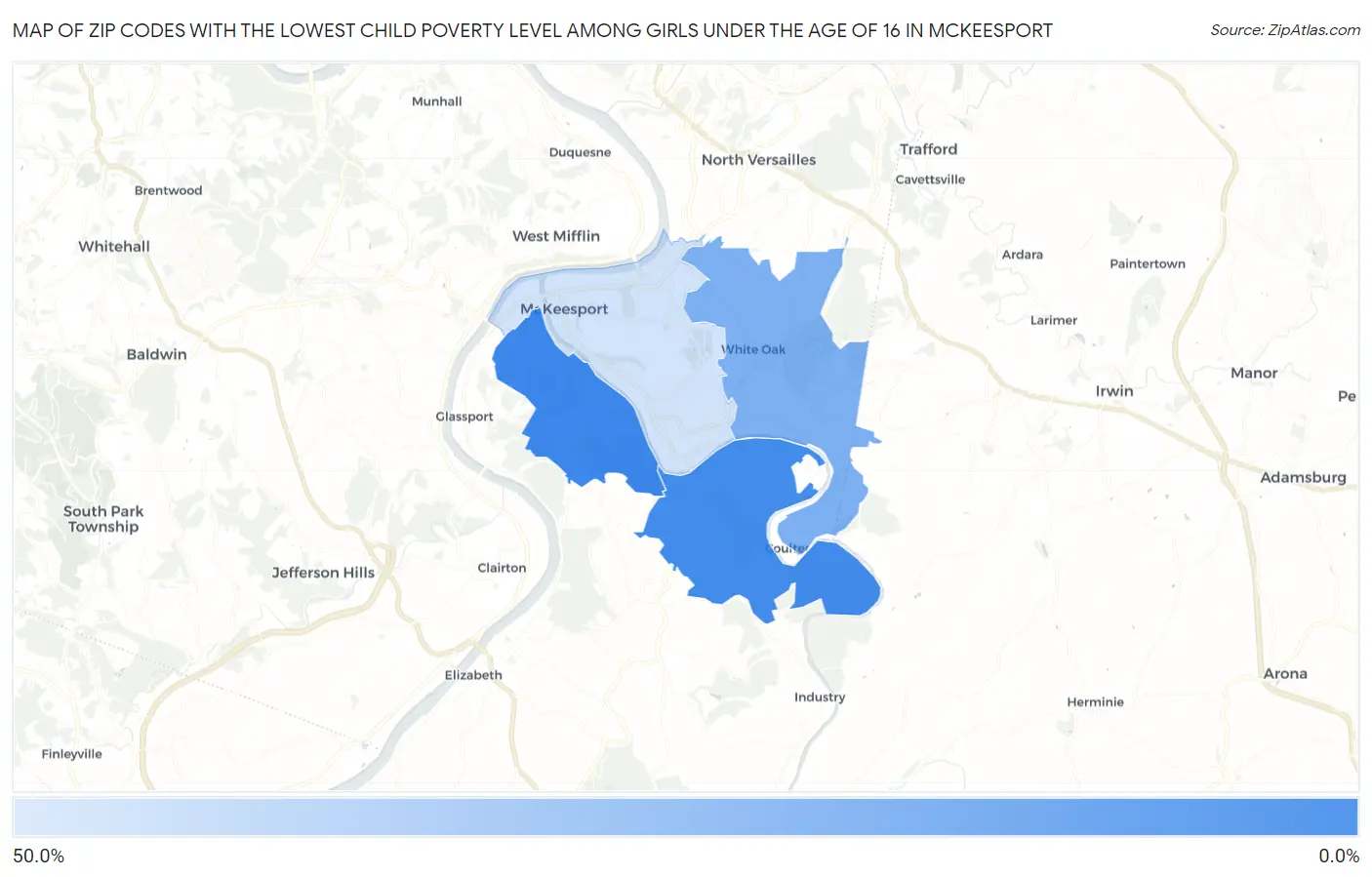 Zip Codes with the Lowest Child Poverty Level Among Girls Under the Age of 16 in Mckeesport Map