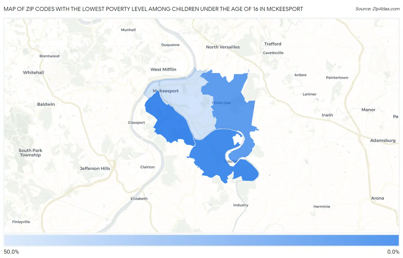 Zip Codes with the Lowest Poverty Level Among Children Under the Age of 16 in Mckeesport Map