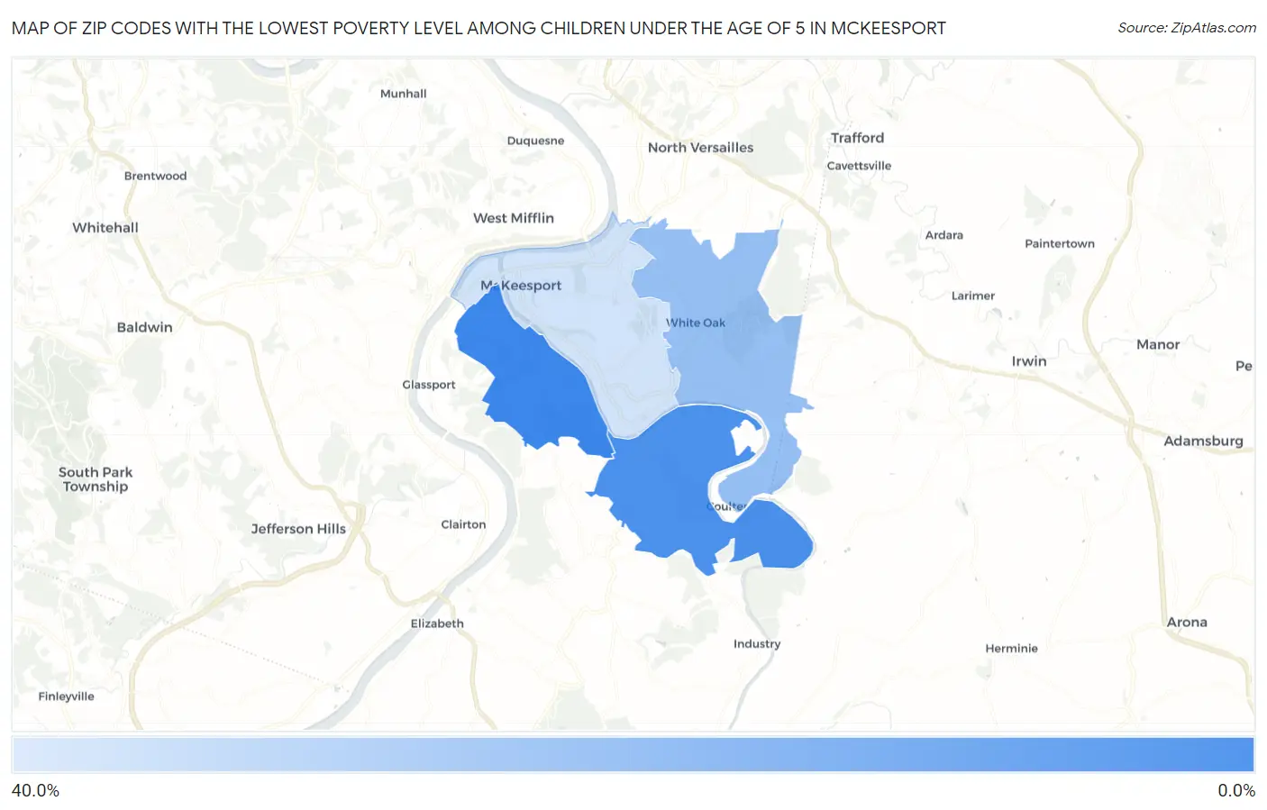 Zip Codes with the Lowest Poverty Level Among Children Under the Age of 5 in Mckeesport Map