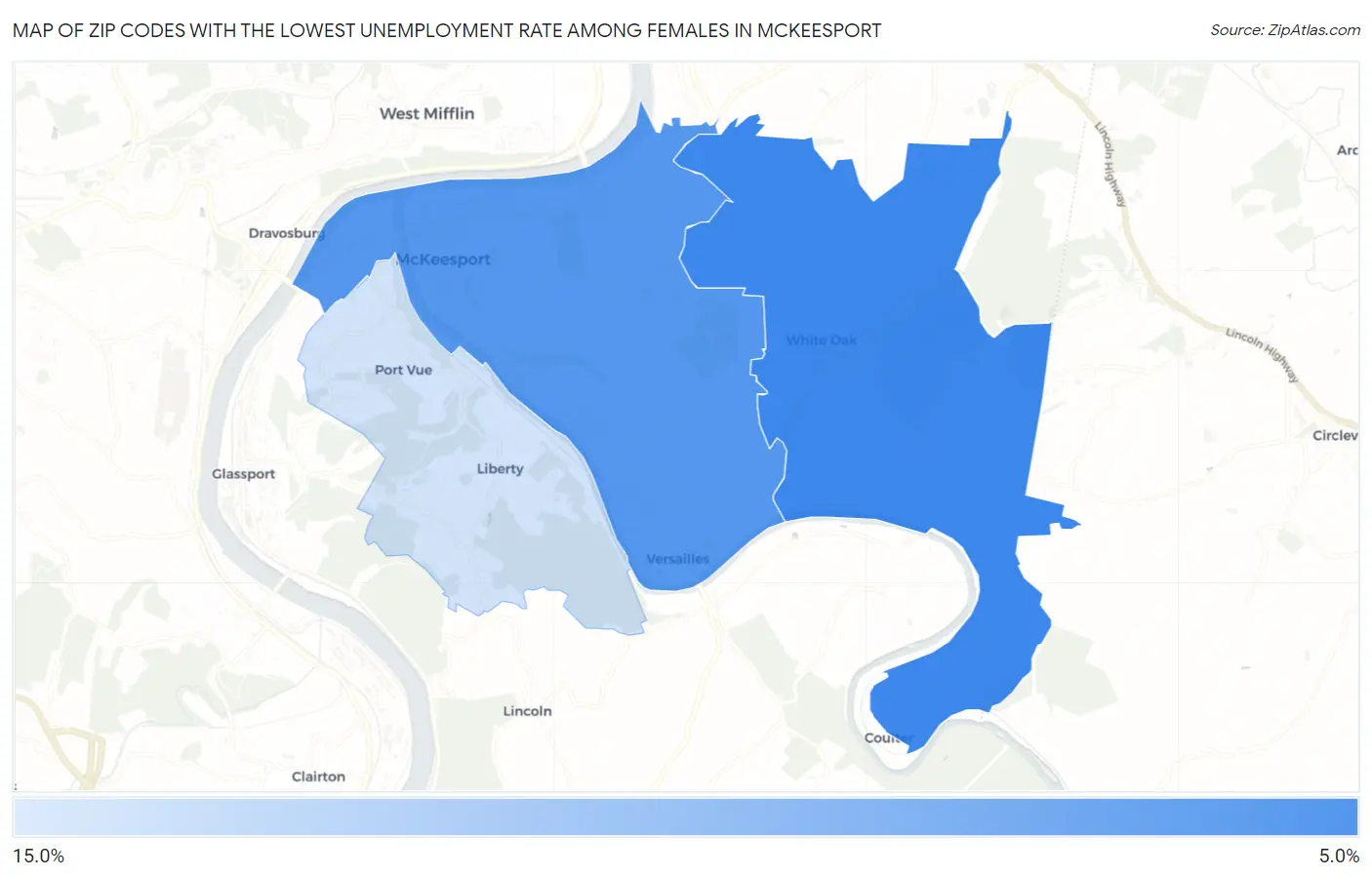 Zip Codes with the Lowest Unemployment Rate Among Females in Mckeesport Map