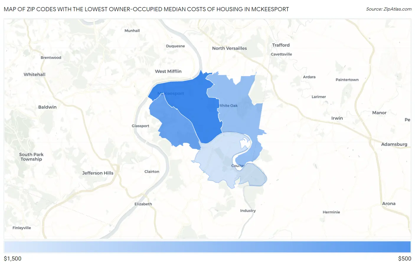 Zip Codes with the Lowest Owner-Occupied Median Costs of Housing in Mckeesport Map
