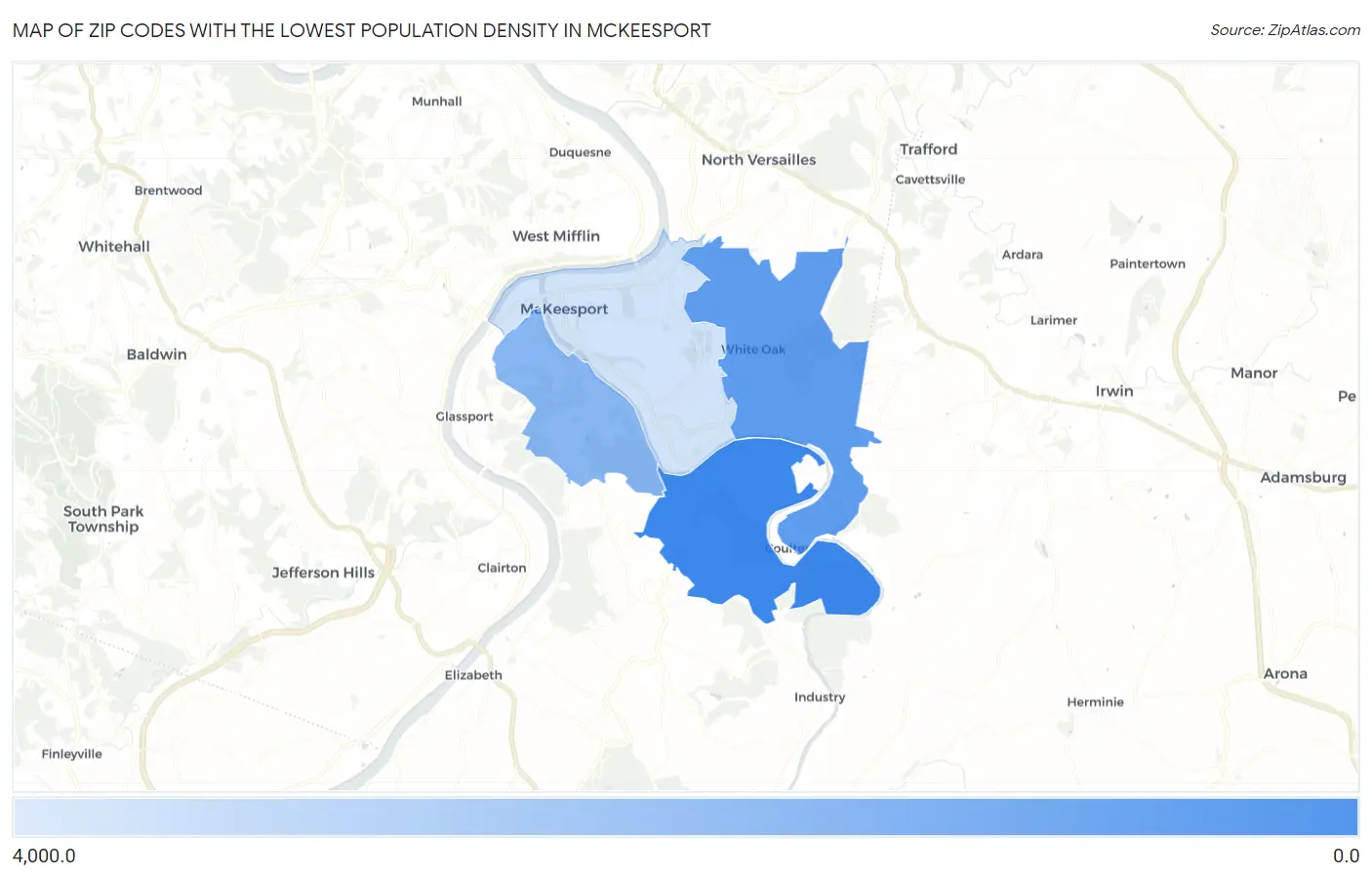 Zip Codes with the Lowest Population Density in Mckeesport Map