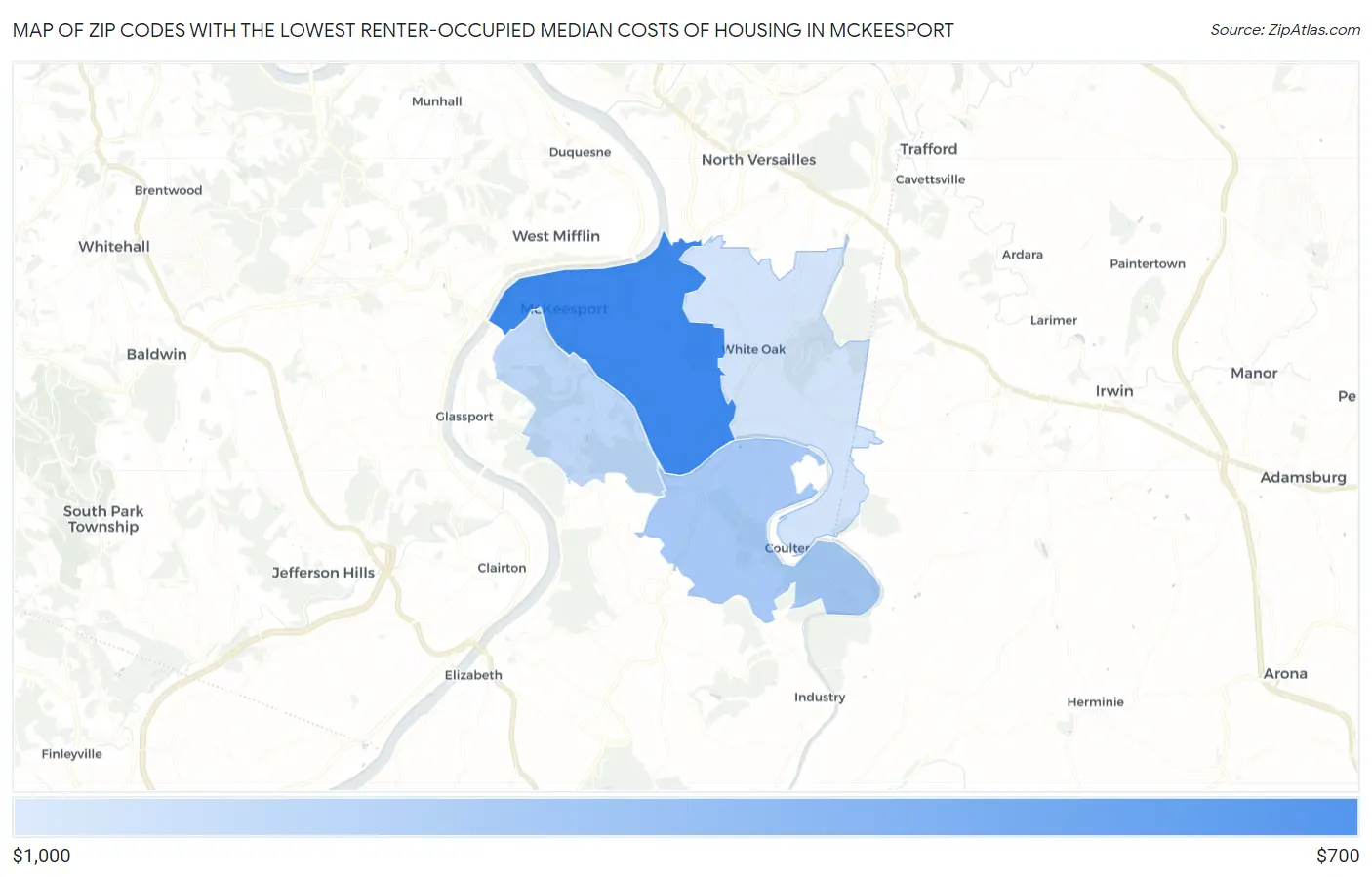 Zip Codes with the Lowest Renter-Occupied Median Costs of Housing in Mckeesport Map