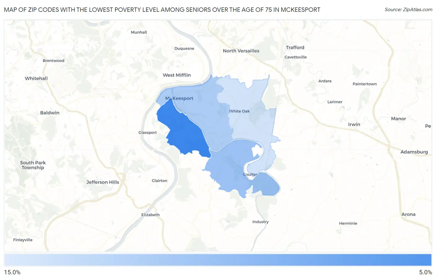 Zip Codes with the Lowest Poverty Level Among Seniors Over the Age of 75 in Mckeesport Map