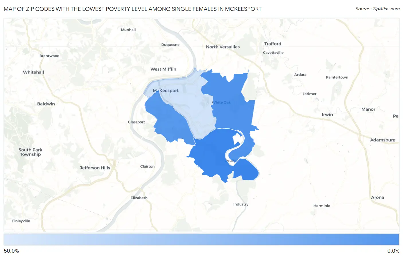 Zip Codes with the Lowest Poverty Level Among Single Females in Mckeesport Map