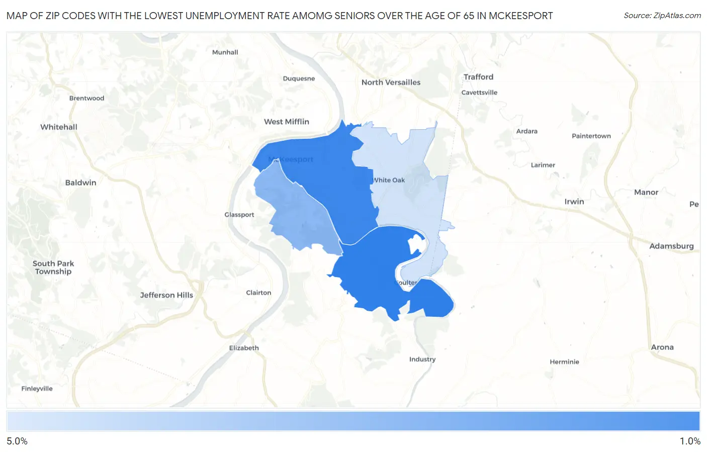 Zip Codes with the Lowest Unemployment Rate Amomg Seniors Over the Age of 65 in Mckeesport Map