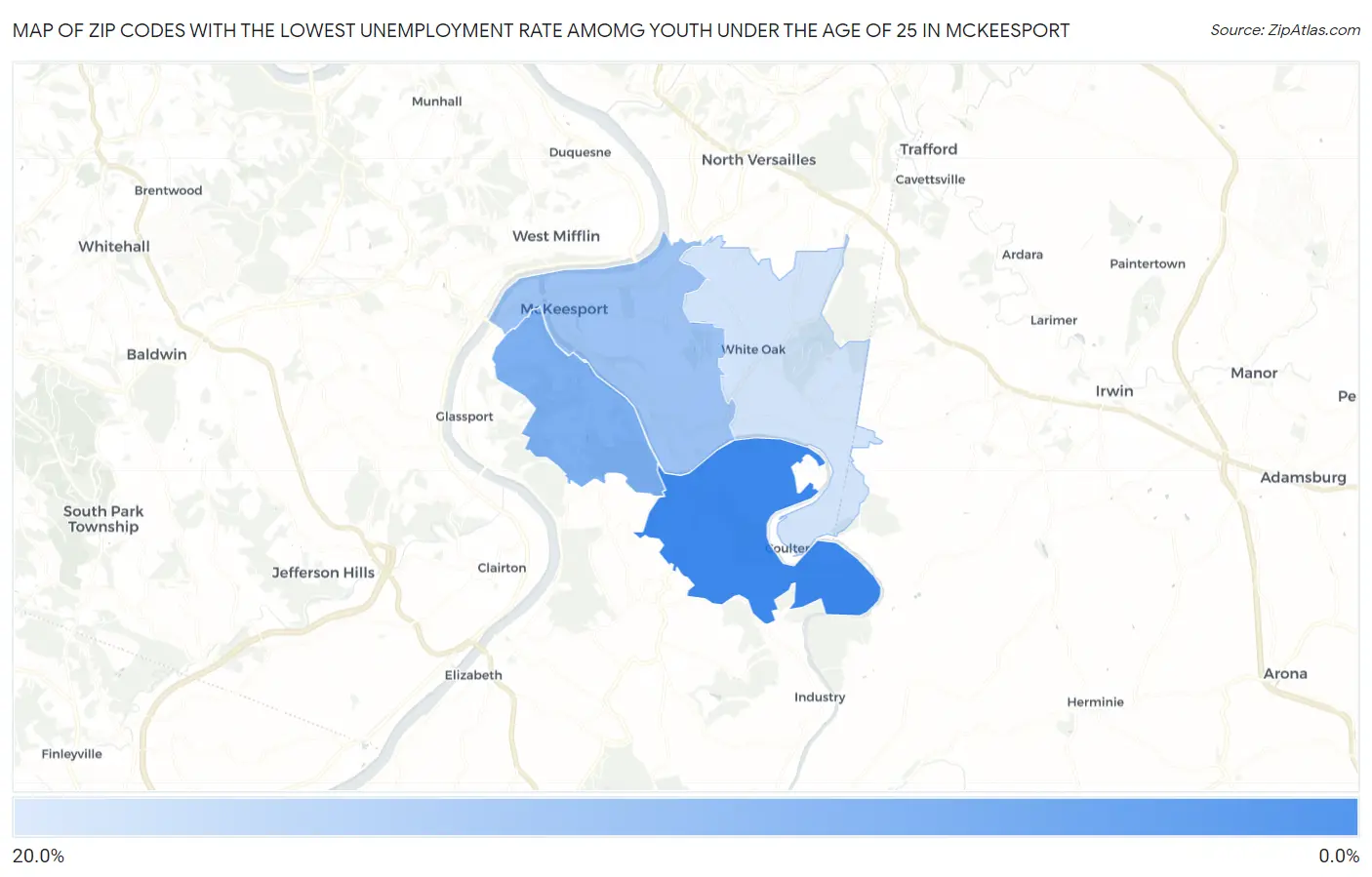 Zip Codes with the Lowest Unemployment Rate Amomg Youth Under the Age of 25 in Mckeesport Map