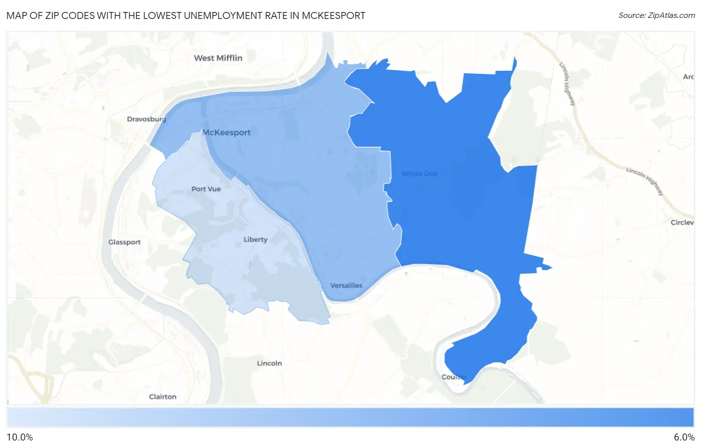 Zip Codes with the Lowest Unemployment Rate in Mckeesport Map